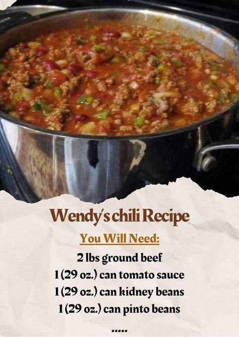 Wendys Chili Save this recipe for a crisp fall day!

Ingredients:
2 lbs ground beef
1 29 oz. can tomato sauce
1 29 oz. can kidney beans with liquid
1 29 oz. can pinto beans with liquid
1 cup diced onion
1/2 cup diced green chili
1/4 cup diced celery
3 medium tomatoes, chopped
2 teaspoons cumin powder
3 tablespoons chili powder
1 1/2 teaspoons black pepper
2 teaspoons salt
2 cups water
Instructions:
In a large skillet, brown the ground beef over medium heat. Drain off the excess fat.
Transfer the Wendy's Chili, Wendys Chili Recipe, Can Tomato Sauce, Diced Green Chilies, Chili Ingredients, Grandmas Recipes, Canned Tomato Sauce, Fall Day, Chili Recipe