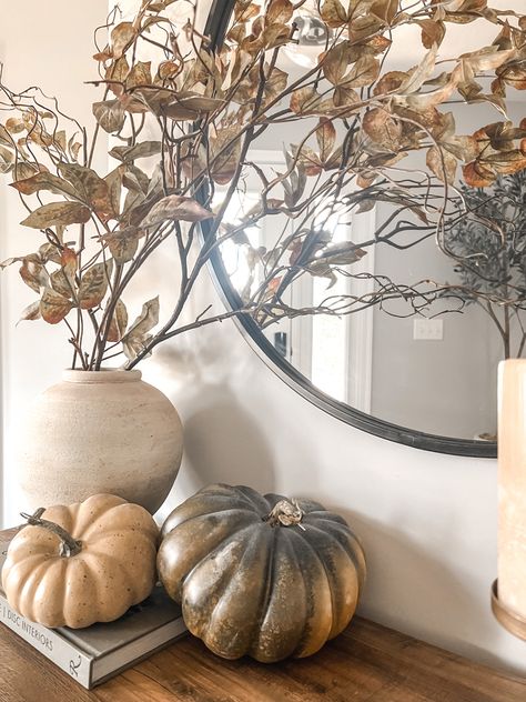 Fall styling, fall decor, console table, entryway, foyer, hallway, faux stems, fall stems, faux florals, vase styling, faux pumpkins, autumn, neutral fall, seasonal decor Thanksgiving Entryway Decor, Fall Foyer Decor, Fall Console Table Decor, Fall Entryway Table Decor, Thanksgiving Entryway, Fall Entry Table Decor, Vase Styling, Fall Entry Table, Decor Console Table