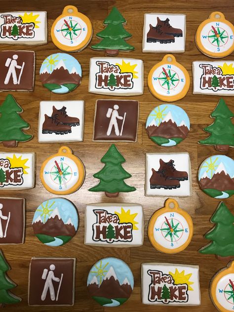 Hiking Sugar Cookies Outdoor Cookies Decorated, Hiking Retirement Party, Hiking Cookies Decorated, Hiking Cupcakes, Gingerbread Campsite, Mountain Cookies Decorated, Hiking Cookies, Travel Cookies, Retirement Cookies