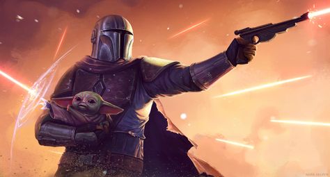 The Mandalorian and the Child by Mark Akopov Mandolorians Wallpaper, Yoda Wallpaper, Star Wars Wallpaper, Star Wars Yoda, The Mandalorian, Disney Films, Computer Wallpaper, Lightsaber, Laptop Wallpaper