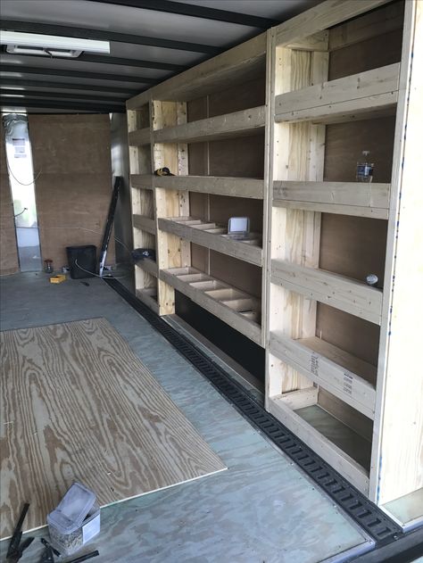 Diy Enclosed Trailer Shelves, Work Trailer Shelving Ideas, Box Trailer Workshop, Van Shelf Storage, Box Truck Shelving Ideas, Semi Trailer Storage Shed, Trailer Shelving Ideas Enclosed, Utility Trailer Storage Ideas, Enclosed Trailer Tool Storage Ideas