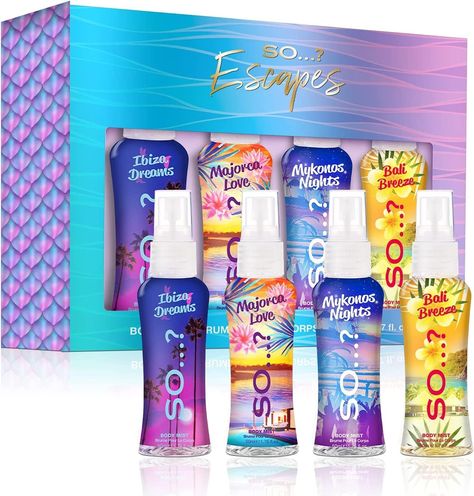 THE PERFECT WOMENS GIFT SET- Treat someone special the ideal gift for women, mums, grans, girls, teenage girls and stocking fillers at Christmas! SO…? SUMMER ESCAPES - 4x travel-size body mists in 1 x 50ml Ibiza Dreams, Bali Breeze, Mykonos Nights and Hawaiian Honey/Marbella Magic/Majorca Love/Seychelle Sands HOW MANY SPRAYS? - Each 50ml So…? Body Mist contains over 350 sprays, representing 35 days supply based on 5 sprays 3 times a day. Lasting approx 6 hours after spraying. So Body Mist, So Spray, Mist Perfume, Summer Escape, Fragrance Spray, Majorca, Ocean Breeze, Fragrance Gift Set, Unusual Gifts