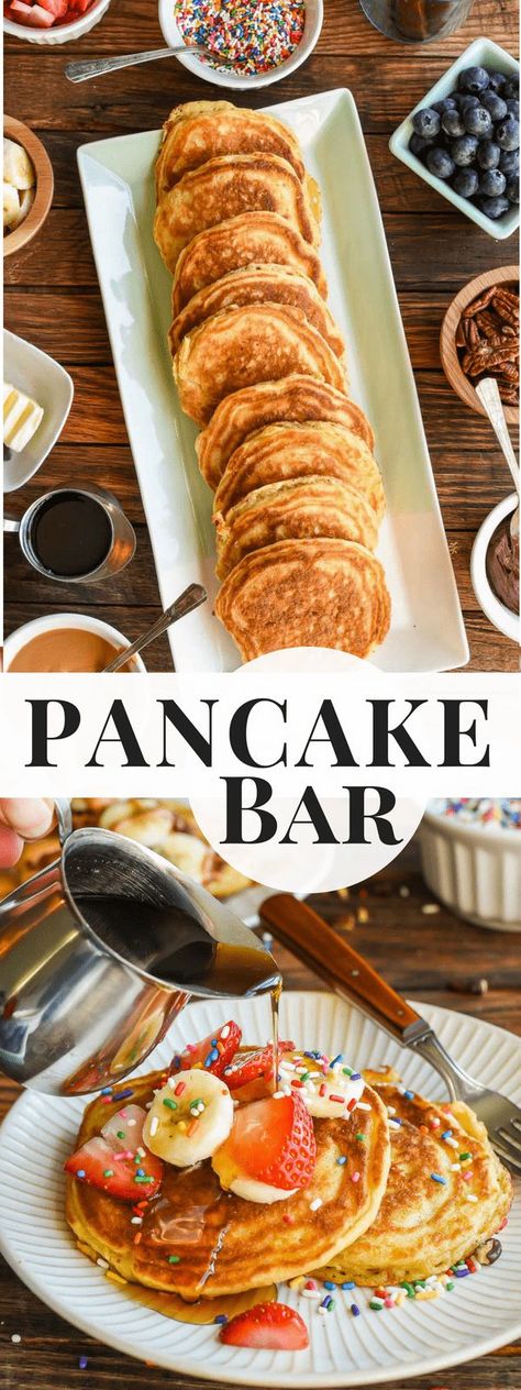 Break out the syrup, sprinkles, and whipped cream, because we’re throwing an epic pancake bar party! There’s no better party than a pancake party, where the toppings are plentiful and PJs are 100% ac Pancake Bar, Pancake Party, Pancakes And Pajamas, Pancake Toppings, Breakfast Party, Birthday Breakfast, Breakfast Waffles, Savory Cakes, Birthday Brunch