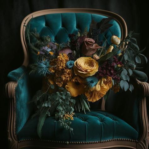 Moody bohemian floral arrangement in shades of purple, teal, cream, and mustard yellow, bridal bouquet, colourful wedding, colourful bouquet, luxury wedding flowers Dark Green Purple Wedding, Teal Flower Arrangements, Teal Yellow Wedding, Moody Floral Arrangements, Luxury Wedding Bouquet, Yellow Bridal Bouquet, Moody Bohemian, Mustard Yellow Wedding, Bouquet Luxury