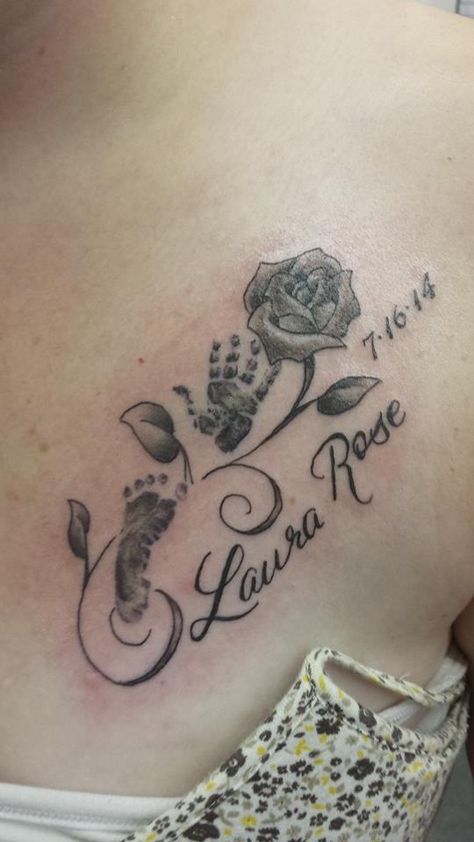 My 4th tattoo in memory of my first child, Laura Rose. R.I.P. Baby Girl Gone But Not Forgotten! Tattoos For Your Newborn, First Born Daughter Tattoo Ideas, First Born Daughter Tattoo, Tattoo Ideas For Baby Girl, Baby Footprint Tattoo Ideas For Mom, Still Birth Tattoo, Tattoos For Baby Girl, Baby Girl Tattoo Ideas For Mom, First Child Tattoos