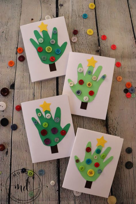 Handprint Christmas Tree Cards - MomDot Christmas Card Craft Ideas, Handprint Art Christmas, Card Craft Ideas, Craft Ideas For Preschoolers, Handprint Christmas Cards, Handprint Art Kids, Hand Christmas Tree, Hand Print Tree, Handprint Christmas Tree