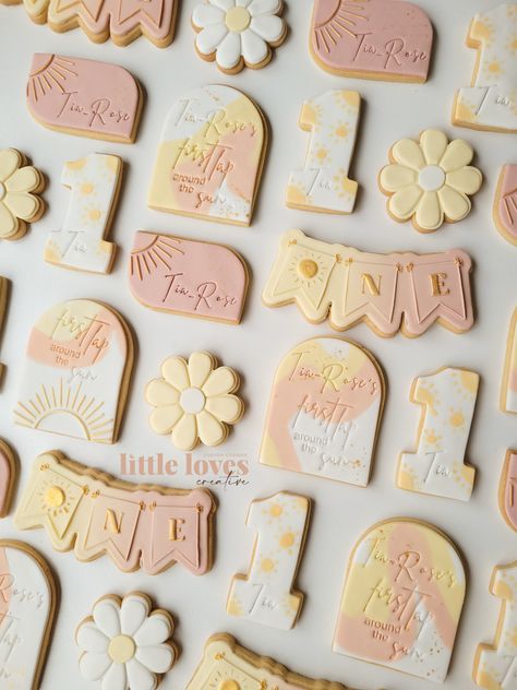 Sunshine 1st Birthday Cookies, Boho Sun Themed Birthday Party, Sunshine First Birthday Cookies, Sun Themed Cookies, First Lap Around The Sun Birthday Cake, My Little Sunshine 1st Birthday, First Trip Around The Sun Boho Birthday Party, Sunshine Birthday Cookies, Sunshine One Year Old Party