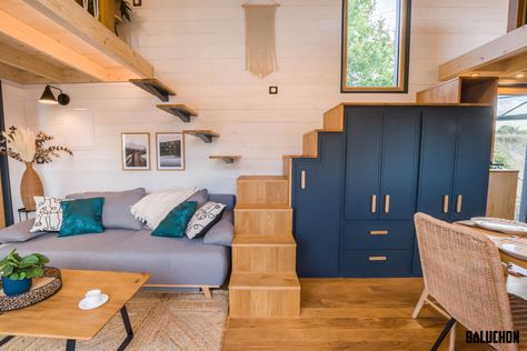 Extra-Wide Double Loft Tiny House by Baluchon Mobile Tiny House Design, Double Tiny House, Double Loft Tiny House, Tiny House Loft Ideas, Spacious Tiny House, Tiny House Storage Ideas, Tiny House Rentals, House Community, Tiny House Company