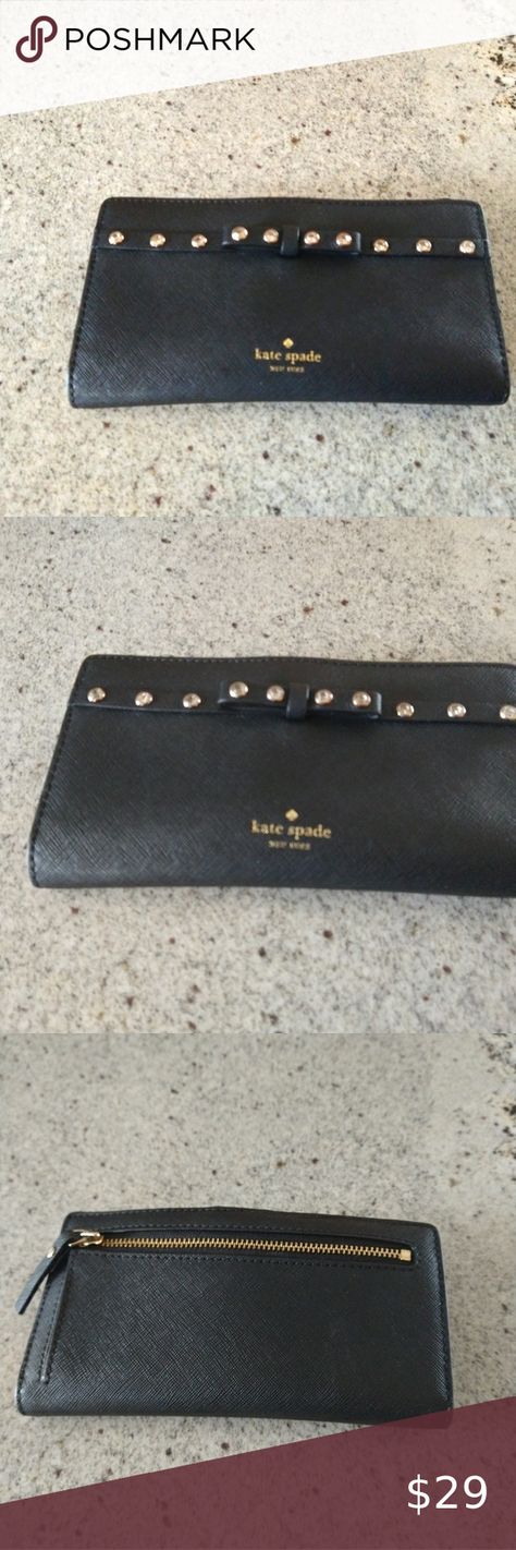 Kate Spade Black wallet with Rhinestones on the front Kate Spade Black Wallet, Black Wallet, Id Holder, Kate Spade Handbags, Front Zipper, Card Slots, Zipper Pocket, Slots, Kate Spade