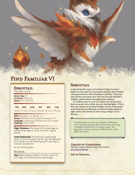 Sproutail | Find Familiar Option | Gamingbrew on Patreon Dnd Beast Companion, Fey Animals Dnd, Dnd 5e Homebrew Pets, Familiar Dnd 5e, Dnd 5e Pets, Dnd Familiar Homebrew, Dnd Familiar Ideas, Dnd Pet Companion, Dnd Companions