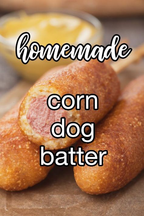 Corn Dog Batter - Easily make corn dogs at home with this batter. Or, if you've never been a fan of on-a-stick corn dogs, get creative and toss them in a bun with spicy mustard or your other favorite toppings. | CDKitchen.com Corn Dog Batter Recipe, Corndog Batter Recipe, Corndog Batter, Corn Dogs Homemade, Corn Dog Batter, Homemade Corn Dogs, Corn Dog Recipe, Homemade Corndogs, Dogs At Home