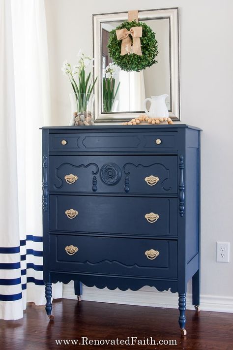 Mixing Painted Furniture In A Room, Wallpaper Beadboard, Navy Painted Furniture, Painted Vintage Dresser, Benjamin Moore Hale Navy, Navy Paint Colors, Navy Furniture, Painted Bedroom, Painting Hacks