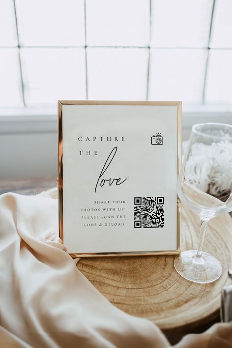 Use this wedding photo QR code sign template to show guests how to share photos of your special event. You can even change the background color, font color and font to better match your event - try the demo below! See Matching items in the Claire Collection: https://etsy.me/39sxpfa TRY THE DEMO NOW * * * * * * * * * * * * *  - Try the Demo at Corjl, copy and paste link into your browser: https://www.corjl.com/d/PK29G Best on Desktop! Mobile and tablet editing functions are limited. WHAT YOU RECE Sharing Photos At Wedding, Wedding Qr Code Sign Photos, We Code Wedding Photos, Wedding Qr Code For Photos, Photo Qr Code Wedding, Wedding Qr Code Photos, Qr Code Wedding Pictures, Wedding Sign Picture Frame, Photo Booth Signs Wedding