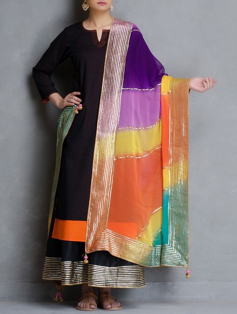 Multicolor Leheriya Gota Patti Chiffon Dupatta with Tassels on Jaypore.com Duppattas Designs Ideas, Pakistani Actress Dresses, Actress Dress, Dress Design Ideas, Embroidery Suits Punjabi, Designer Punjabi Suits, Gotta Patti, Indian Designer Suits, Boutique Suits