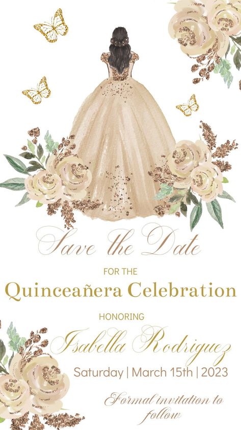 Save The Date Templates Quinceañera, Save The Date For Quinceanera, Quince Invitations Digital, Save The Date Quinceanera Ideas Digital, Champagne Quince Invitations, Quinceañera Save The Date, Quince Invitations Online, Digital Quinceanera Invitations, Quinceañera Invitaciones Ideas