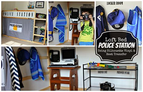 You've got to see all of the fun details of this police station/loft bed from Kutz, Paper, Scissors! Police Bedroom, Boys Room Diy, Sons Room, A Loft Bed, Kids Police, Police Lights, Mermaid Bedroom, Big Boy Bedrooms, Wendy House