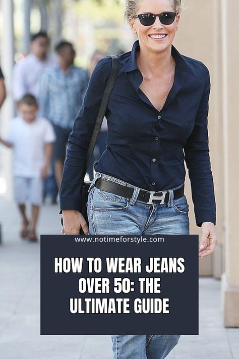 How To Wear Jeans Over 50: The Ultimate Guide — No Time For Style Jeans And Navy Top Outfit, Edgy Over 50 Style, Drinks Outfit Evening, 50’s Outfits, Jeans Over 50, Sheer Gold Dress, Jeans For Women Over 50, Dressy Jeans Outfit, How To Wear Jeans