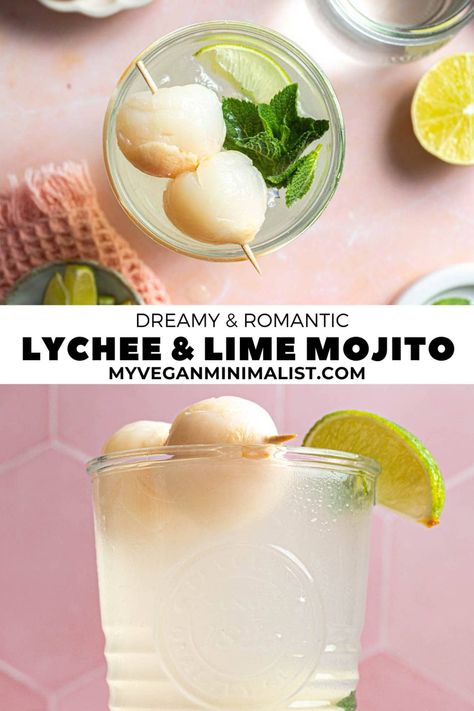 5-Ingredient Lychee Mojito (+ Virgin Option) - My Vegan Minimalist Lychee Rum Cocktail, Lychee Mojito Recipe, Lychee Boba, Mojito Virgin, Lychee Mocktail, Lychee Mojito, Quick Vegan Desserts, Blueberry Gin, Vegan Minimalist