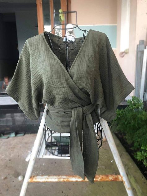 Wrap Top Diy, Wrap Blouses, Linen Wrap Top, Wrap Tank Top, Gauze Top, Bespoke Fashion, Wrap Crop Tops, Wardrobe Inspiration, Diy Clothing