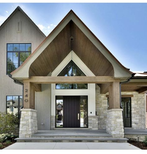 Arched Stone Entryway Exterior, Wood Accents On House Exterior, Gable Front Porch, Log House Exterior, Hardy Plank, Vaulted Front Porch, Stone Entryway, Exterior Entrance, Spec House