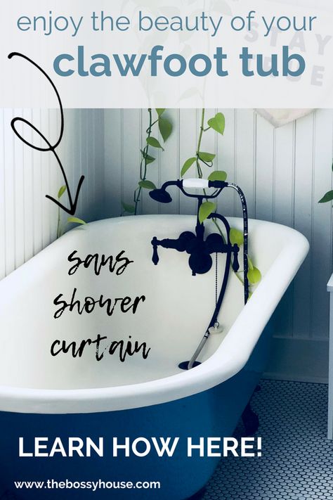 Enjoy the Beauty of Your Clawfoot Tub Sans Shower Curtain - The Bossy House. A clawfoot tub is so beautiful. Don't mess it up with a slimy shower curtain. Try the European shower! Check out The Bossy House for more ideas for organizing everything and pursuing the life you love. //thebossyhouse.com// #europeanshower #bathtub#clawfoottub #bathroomdecor #homedecor #bathroomdesign Claw Tub Shower Curtain, Bathroom With Clawfoot Tub Ideas, Vintage Clawfoot Tub Bathroom, Paint Clawfoot Tub, Shower Curtains For Clawfoot Tubs, Painted Clawfoot Tub, Clawfoot Tub Shower Combo, Bear Claw Tub, Clawfoot Tub Shower Curtain