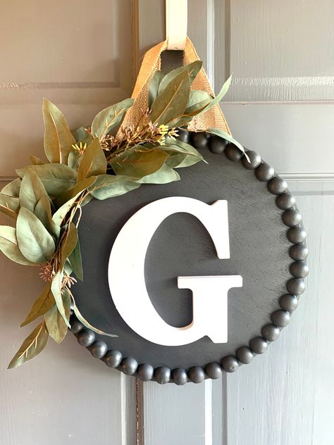 Door Hanger With Initial, Monogram Wreaths For Front Door, Letter Door Hangers Initials, Monogram Door Sign, Monogram Wreaths, Monogram Door Wreath, Door Monogram, Farmhouse Door Hanger, Beaded Door