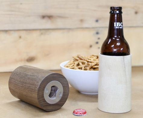 Wooden Beer Koozie w/ Built-in Bottle Opener Square Tool, Bottle Koozies, Beer Koozies, Wood Turner, Wooden Gifts, Woodworking Shop, Hot Sauce Bottles, Diy Wood Projects, Wooden Diy