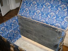 Vintage Steamer Trunk Makeover, Lining An Old Trunk, Steamer Trunk Restoration, Steam Trunk Makeover, Antique Trunk Makeover, Steamer Trunk Makeover, Antique Trunk Restoration, Vintage Steamer Trunk, White Wash Stain