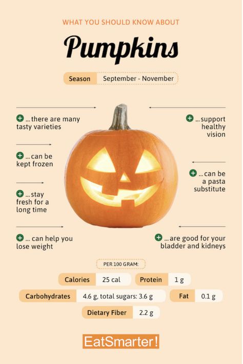 Fall is the PERFECT season for PUMPKINS!🎃 Did you know Pumpkins are not only fun to decorate with, but they are also a healthy snack and delicious in many different recipes? One serving is only 25 calories with nearly no fat! Check out EatSmarter.com for some of our favorite Pumpkin Recipes and let us know what you think! #Pumpkins #PumpkinRecipes #PumpkinDIY #Halloween #HalloweenDIY #HalloweenDecor #FallRecipes #HalloweenRecipes #HealthyRecipes #FoodFacts #HealthFacts #PartyIdeas #RecipeDIY Pasta Substitute, Food Health Benefits, Healthy Food Facts, Alkaline Foods, Health Knowledge, Pumpkin Seasoning, Diy Pumpkin, Eat Smart, Food Facts