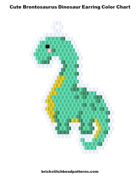 Free Cute Brontosaurus Dinosaur animal earring brick stitch seed bead weaving art graph pattern. Download the free bead pattern color chart graph, labeled color chart graph, a letter chart graph that is similar to a word chart, and a bead count list. These earrings were designed for using generic seed beads by Brick Stitch Bead Patterns Journal. Seed Bead Dinosaur, Brick Stitch Dinosaur, Beaded Dinosaur Pattern, Cute Brontosaurus, Brick Stitch Pattern Earring, Beaded Critters, Seed Bead Patterns Free, Miyuki Beads Pattern, Seed Bead Projects