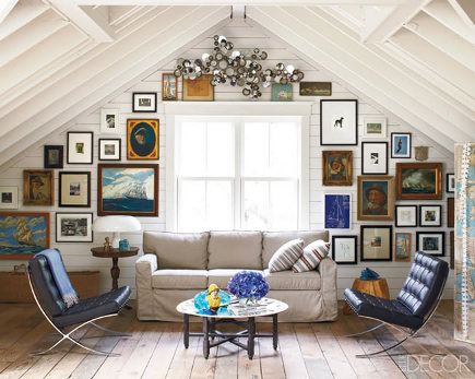 Williams-Sonoma Living Room | studio living room with pictures hung on a triangular wall. Elle Decor ... Martis Camp, Finished Attic, Eclectic Contemporary, Structural Drawing, Chalet Interior, Attic Renovation, Attic Spaces, Attic Remodel, Ski Chalet