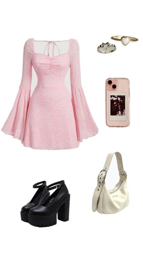 Pink dress with bell sleeves, black platform heels, cream handbag, pink phone case, and matching jewelry. Pink Platform Heels Outfit, Platform Heels Outfit Ideas, Girly Outfits Classy, Platform Heels Outfit, Pink Girly Outfits, Cream Handbag, Pink Platform Heels, Dress With Bell Sleeves, Pink Platforms