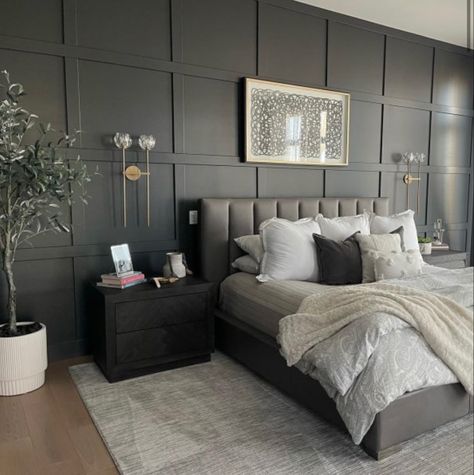 Black Panel Bedroom Ideas, Primary Bedroom With Black Wall, Dark Panel Wall Bedroom, Black Bed Grey Walls, Dark Charcoal Accent Wall Bedroom, Bedroom Panelling Black, Black Panelled Bedroom, Black Panel Bedroom Wall, Black Gray And White Master Bedrooms