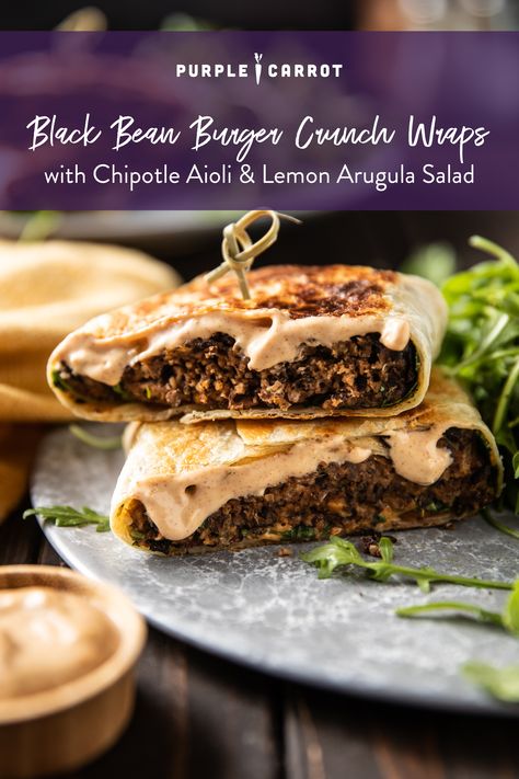 Burger Crunch Wrap, Lemon Arugula Salad, Healthy Black Bean Recipes, Purple Carrot Meals, Black Burger, Cook Quinoa, Burger Salad, Black Bean Burger, Sandwiches Wraps