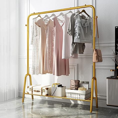 Amazon.com: Grade one Gold Garment Rack Clothes Rack Metal Heavy Duty Drying Clothing Rack Metal Shoes Bags Clothes Organizer Storage Shelves : Home & Kitchen Storing Shoes, Metal Bedroom, Free Standing Shelves, Modern Coat Rack, Hall Stand, How To Store Shoes, Garment Rack, Standing Shelves, Hall Tree