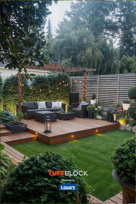 deck platform in small but beautiful yard with lights in deck and furniture Platform Decks Backyard, Ground Level Deck Ideas On A Budget, Platform Deck Ideas, Small Patio Deck Ideas, Low Deck Ideas Ground Level, How To Build A Deck, Small Floating Deck, Diy Deck Ideas On A Budget, Deck Backyard Ideas