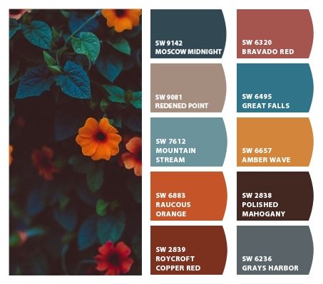 Moscow Midnight Sherwin Williams Color Palette, Dark Orange Paint Colors, Moscow Midnight Color Palette, Blue And Orange House, Moscow Midnight Sherwin Williams, Moscow Midnight, Beautiful Meals, Orange Paint Colors, Jewel Tone Color Palette