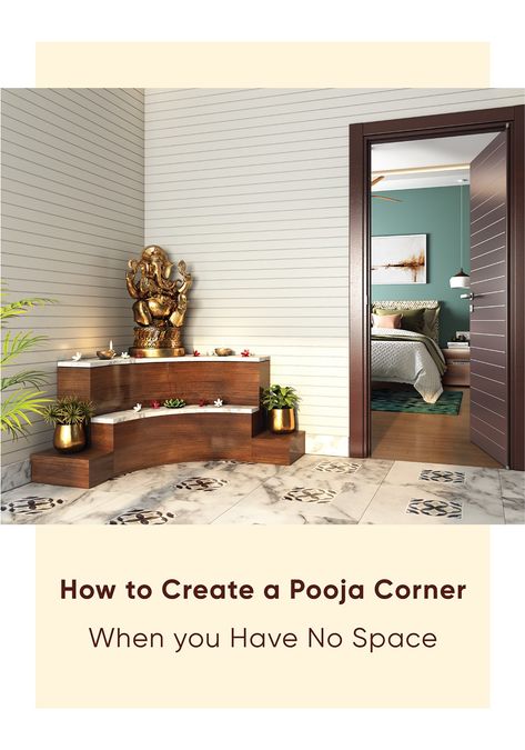 pooja-room-design-for-modern-homes Small Corner Temple Design For Home, Corner Room Ideas Bedroom, Pooja Corner In Living Room, Pooja Room In Bedroom Ideas, Hidden Mandir In Living Room, Pooja Corner Ideas, Corner Pooja Room, Corner Pooja Unit In Living Room, Corner Designs Living Room