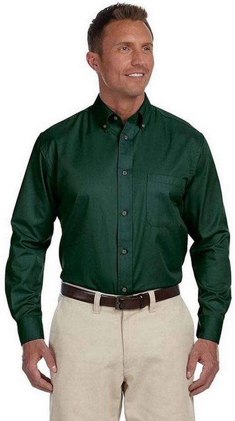 Harriton Men's Easy Blend Long-Sleeve Twill Shirt with Stain-Release XS Hunter at Amazon Men’s Clothing store Embroidered Shirt Dress, Emerald Green Dress, Denim Texture, Green Shirt Dress, Emerald Green Dresses, Formal Shirt, Twill Shirt, Embroidered Clothes, Mens Shirt