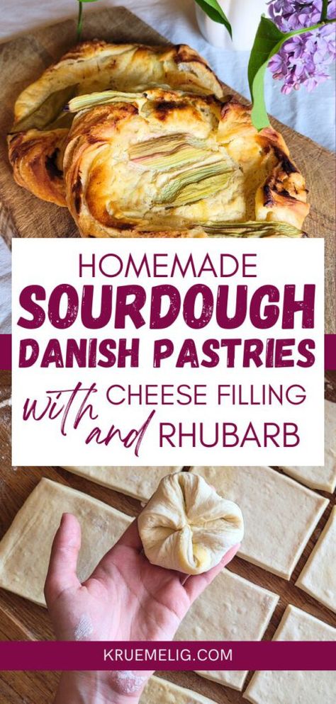 Homemade Danish Sourdough Pastry with Cheese Filling and Rhubarb - KRÜMELIG Sourdough Pastry Dough, Rhubarb Danish, Sourdough Danish, Sourdough Pastry, Sourdough Croissants, Homemade Danish, Danish Pastry Dough, Sourdough Ideas, Pastry Dough Recipe