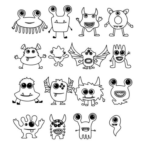 Big collection of doodle monsters. Hand drawn, funny, cute, scary monsters. Big set monsters. Vector illustration. Monster Doodles Easy, Cryptid Doodles, Cute Monster Doodles, Lunchbox Doodles, Weather Journal, Monster Doodles, Totem Ideas, Monsters Drawings, Monster Drawings