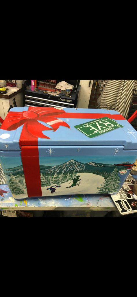 Painted cooler skiing mountain Skiing Cooler Painting, Frat Cooler Skiing, Mountain Weekend Cooler, Cooler Gift, Cooler Ideas, Frat Coolers, Cooler Painting, Sorority Life, Car Painting