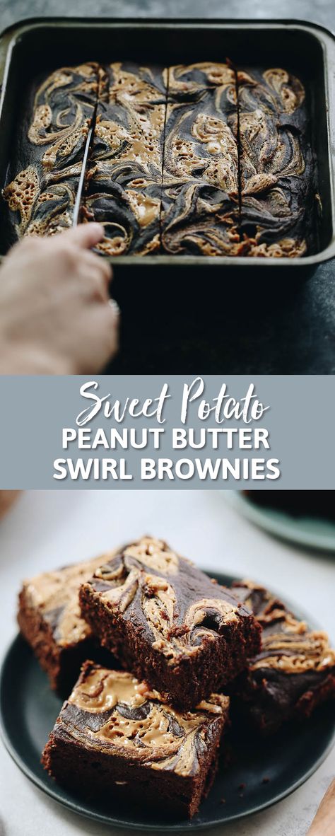 Your dessert just got a serious upgrade with these sweet potato peanut butter swirl brownies! Naturally sweetened with sweet potato and perfectly paired with peanut butter, this sweet treat will up your dessert game ASAP. Sweet Potato Dessert Recipes, Sweet Potato Peanut Butter, Chewy Chocolate Brownies, Peanut Butter Swirl Brownies, Sweet Potato Dessert, Potato Brownies, Butter Brownies, Swirl Brownies, Sweet Potato Brownies