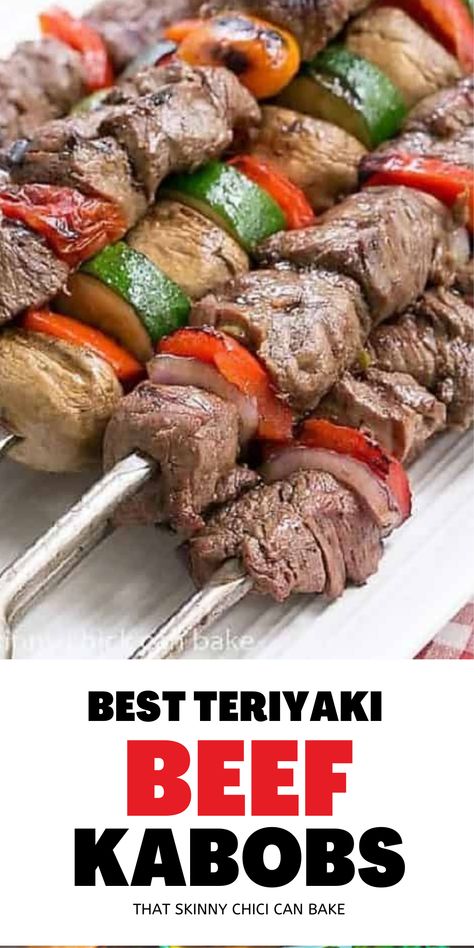 Teriyaki Beef Kabobs - Tender grilled beef and veggies steak kabobs flavored with an Asian marinade #beef #kabobs #teriyaki #beefkabobs #grilled #summermeal #bestangusbeef #BBQ #thatskinnychickcanbake Teriyaki Kabobs, Beef Broth Recipes, Shish Kabobs Marinade, Beef Shish Kabob, Beef Kabob Marinade, Asian Marinade, Beef And Veggies, Teriyaki Steak, Beef Teriyaki