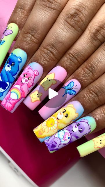 Carebear Nails Designs, Care Bears Nail Art, Care Bears Nails, Care Bear Nails, Blue Da Ba Dee, Bears Nails, Gel Acrylic Nails, Grape Soda, Liner Brush