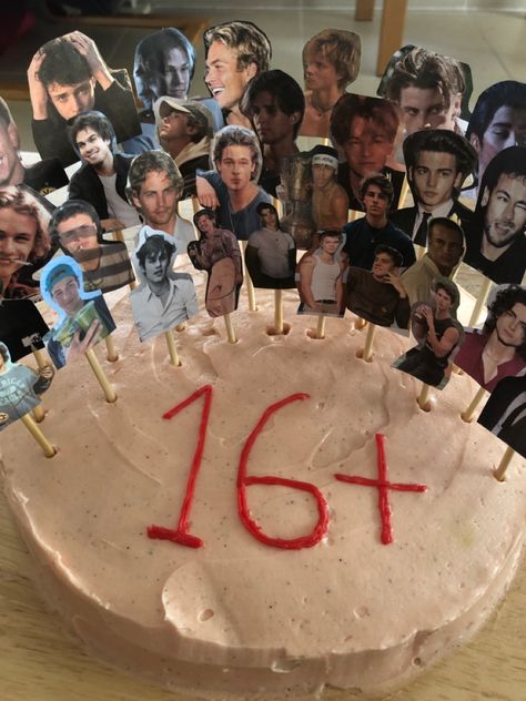 smash cake | pie | sweet 16 | birthday | girly | pink | famous | hot | aesthetic | baking | food | sweet | brad pitt | rudy pankow | timothee chalemet | johnny depp | tom cruise | ... Funny Sweet 16 Cakes, Smash Cake Characters, Tom Cruise Cake, Iconic Birthday Cake, Hear Me Out Cake, 16th Birthday Aesthetic, Smash Cake Ideas, Smash Cake Birthday, Aesthetic Baking