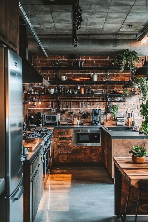 Red Industrial Interior, Cozy Industrial Kitchen, Moody Loft, Brick Loft Apartment, Small Industrial Apartment, Loft Apartment Layout, Loft Kitchen Ideas, Loft Kitchen Design, Industrial Loft Kitchen