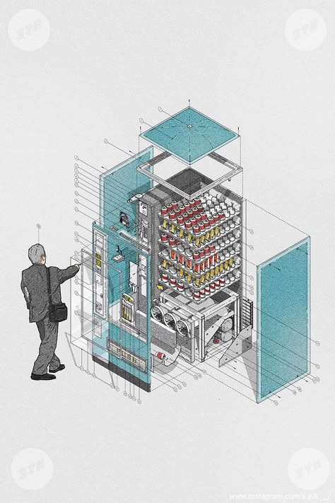 Isometric Vending Machine, Vending Machine Drawing, Vending Machine Illustration, Exploded Isometric, Exploded Diagram, Vending Machine Design, Mechanical Drawings, Machine Illustration, Orthographic Drawing