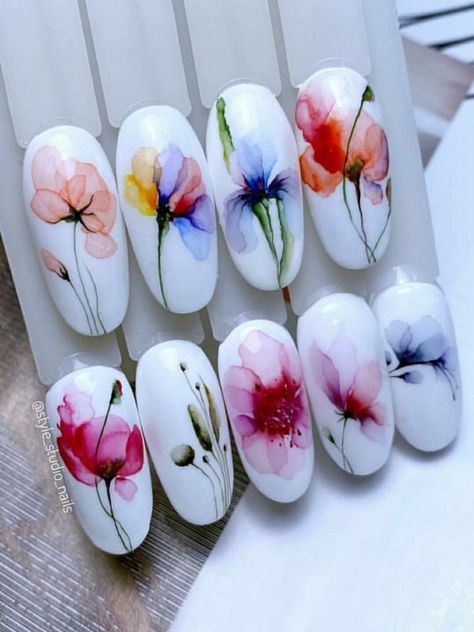 Watercolor Nails Art, Water Colour Nails, Watercolor Nail Designs, Watercolour Nail Art, Gel Nails For Summer, Short Gel Nail Designs, Watercolour Nails, Watercolor Nail Art, Watercolor Nails