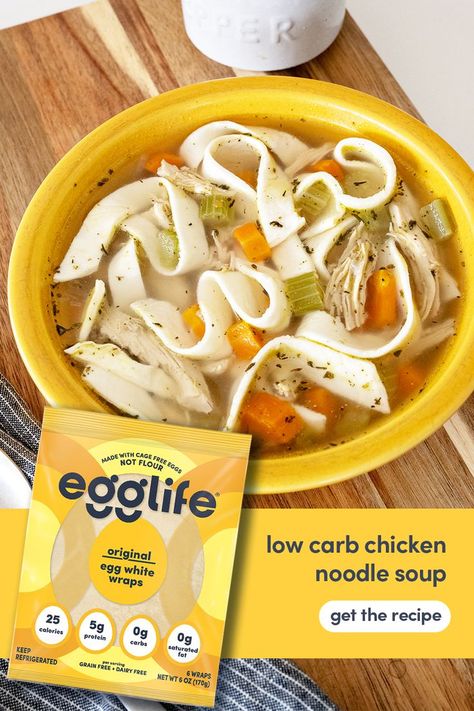 Use egglife egg white wraps as an easy, zero carb noodle in your favorite soups this season! This homemade chicken noodle soup is both hearty and healthy; packed with protein and whole ingredients – be sure to have your spoon ready! Egg Life Egg White Wrap Recipes, Keto Egglife Noodles, Egg Life Noodles, Recipes Using Egg White Wraps, Keto Egglife Wrap Recipes, Egg Life Wraps As Noodles, Recipes Using Egg Life Wraps, Egg Wrap Noodle Recipes, Keto Recipes Using Egglife Wraps